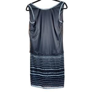 Adrianna Papell Size 10 Black Beaded Blouson Cocktail Dress Silver Striped Skirt